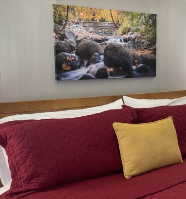 picture of pillows on bed and artwork above